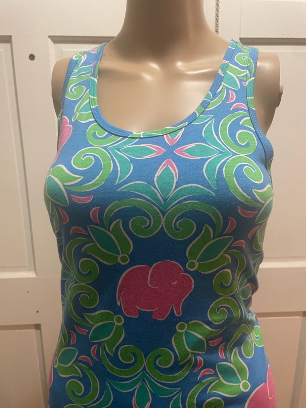 Simply Southern Blue Tank Dress with Pink Elephant and Green Swirls